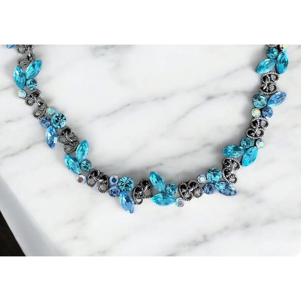 Vintage Signed VCLM Blue Rhinestone Statement Necklace 18"